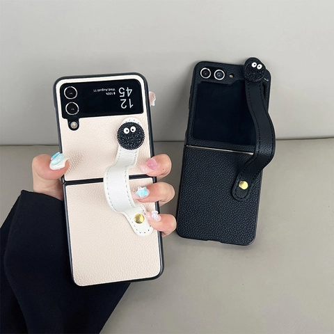Folding Phone Case With Wristband Lychee Grain Leather Cartoon Eyes Decor Shockproof Cover For Foldable Smartphones
