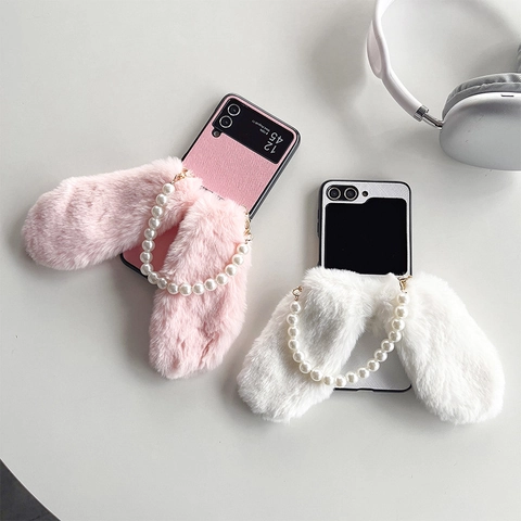 Rabbit Ear Plush Flip Phone Case With Artificial Pearl Chain Strap Cross-Grain Faux Leather Cute Luxury For Foldable Smartphones