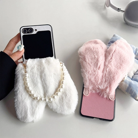 Rabbit Ear Plush Flip Phone Case With Artificial Pearl Chain Strap Cross-Grain Faux Leather Cute Luxury For Foldable Smartphones