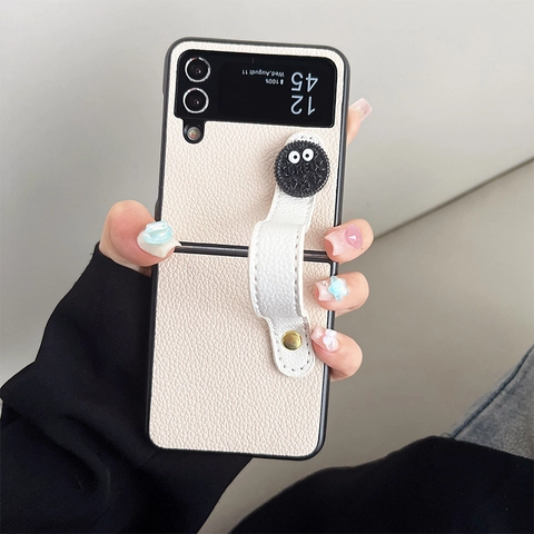 Folding Phone Case With Wristband Lychee Grain Leather Cartoon Eyes Decor Shockproof Cover For Foldable Smartphones