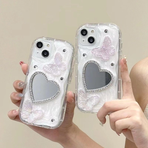 Rhinestone Butterfly Phone Case With Heart Mirror Wavy Edge Artificial Pearl Glitter Protective TPU Soft Cover Girly Aesthetic Shell