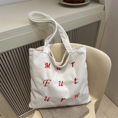 Corduroy Tote Bag For Women Letter Embroidery Large Capacity Shoulder Handbag Casual Retro Travel Bag Zip Closure