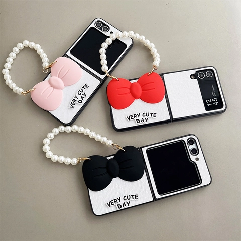 Folding Phone Case With Artificial Pearl Handle Chain And Large Decorative Bow Elegant Faux Leather Cute Cover For Women