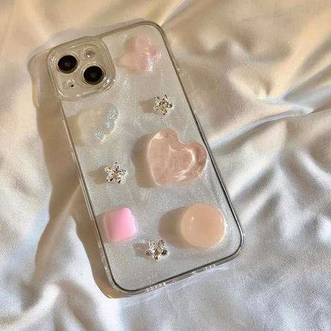 Custodia Per Cellulare Con Decorazione In Resina Di Farfalla E Cuore 3D Guscio Morbido TPU Glitter Stella Antiurto
