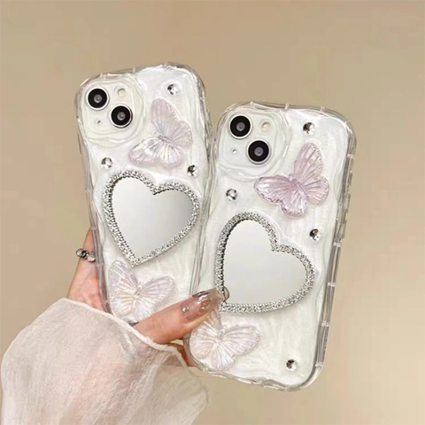 Rhinestone Butterfly Phone Case With Heart Mirror Wavy Edge Artificial Pearl Glitter Protective TPU Soft Cover Girly Aesthetic Shell