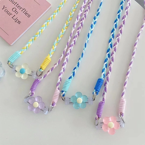 Adjustable Flower Phone Lanyard Crossbody Braided Rope With Back Clip Resin Floral Anti-Drop Phone Chain Strap For Women