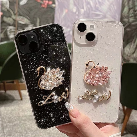 Luxury Glitter Phone Case Rhinestone Swan Heart Metal Letter Sparkling Anti-Fall PC Protective Cover