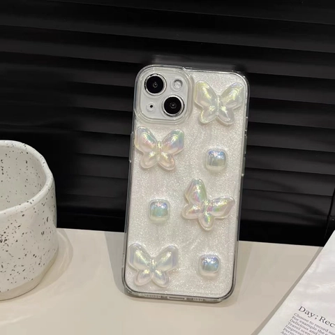 Phone Case 3D Butterfly Artificial Pearl Luster Glitter Soft TPU Anti-Fall Stylish Protective Mobile Phone Cover For Women And Girls