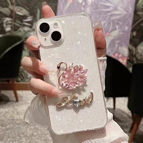 Luxury Glitter Phone Case Rhinestone Swan Heart Metal Letter Sparkling Anti-Fall PC Protective Cover