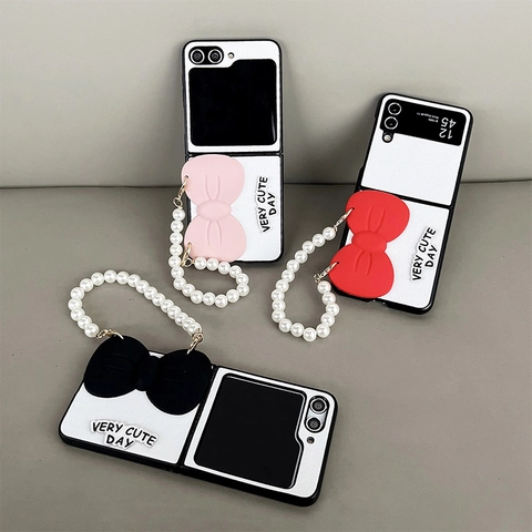 Folding Phone Case With Artificial Pearl Handle Chain And Large Decorative Bow Elegant Faux Leather Cute Cover For Women