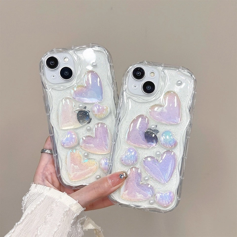 Holographic Heart Phone Case Glitter TPU Wave Edge Protective Cover With Artificial Pearl Decor For IPhone Dimensional Design