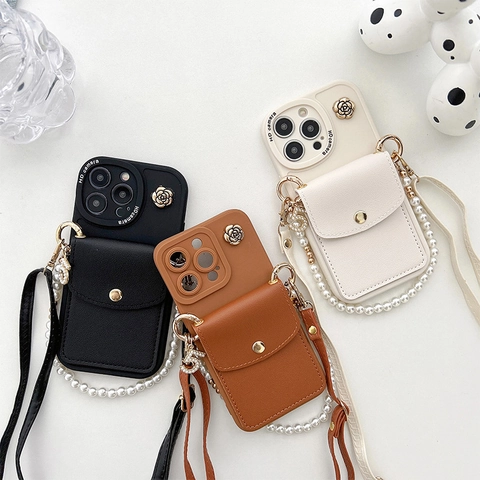 Luxury Leather Texture Smartphone Case Crossbody Strap Wallet Card Holder Artificial Pearl Hand Chain Flower Pendant Elegant Fashion