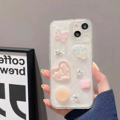Custodia Per Cellulare Con Decorazione In Resina Di Farfalla E Cuore 3D Guscio Morbido TPU Glitter Stella Antiurto