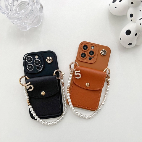 Luxury Leather Texture Smartphone Case Crossbody Strap Wallet Card Holder Artificial Pearl Hand Chain Flower Pendant Elegant Fashion
