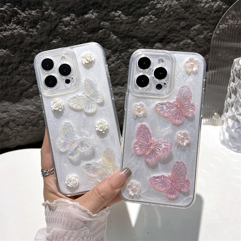 3D Butterfly Flower Glitter Smartphone Case Soft Silicone Transparent Protective Cover Fairy Style Elegant For Women