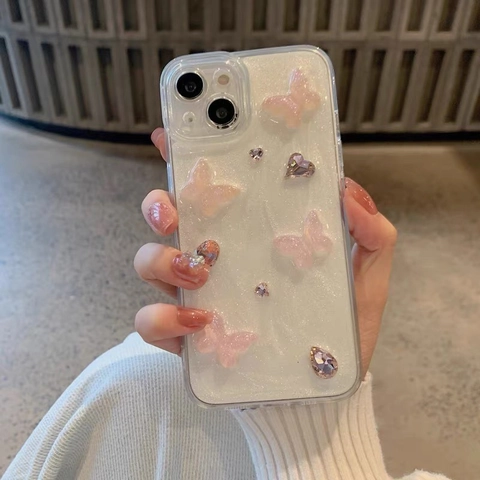 Custodia iPhone Lusso Farfalla In Resina Rosa 3D Cuore Strass Glitter Scintillante Cover Protettiva Morbida TPU Stile Ins Ragazza