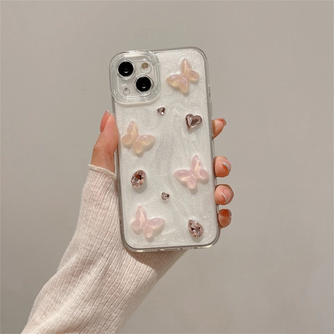 Custodia iPhone Lusso Farfalla In Resina Rosa 3D Cuore Strass Glitter Scintillante Cover Protettiva Morbida TPU Stile Ins Ragazza