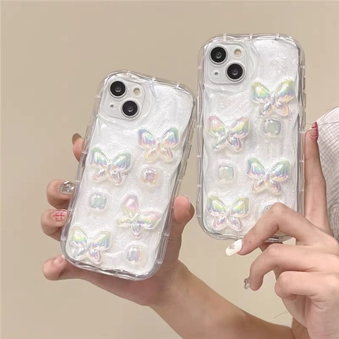 iPhone Hülle Wellenmuster Laser Schmetterling 3D Harz Anhänger Weiches TPU Glitzer Ästhetische Schutzhülle Für Frauen
