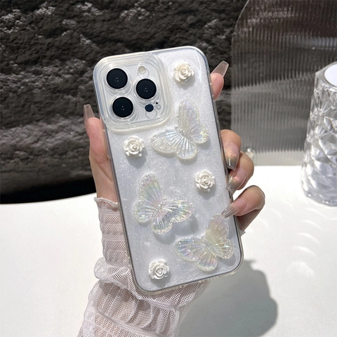 3D Butterfly Flower Glitter Smartphone Case Soft Silicone Transparent Protective Cover Fairy Style Elegant For Women