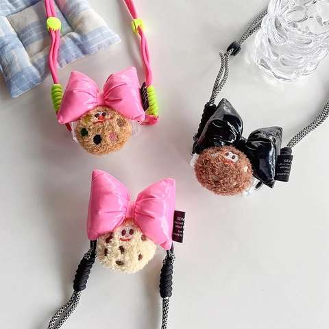 Crossbody Phone Strap Plush Cookie PU Bow Adjustable Nylon Braided Lanyard Neck Cord For Phone Case Back Clip Cute Y2K