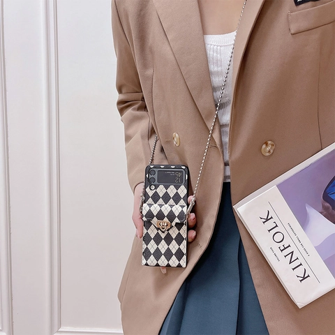 Funda De Teléfono Cruzada De Cuero PU A Cuadros Argyle Con Cadena Metálica Y Cartera Para Smartphone Plegable