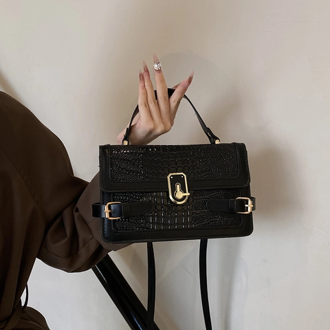 Women Crocodile Pattern PU Leather Crossbody Bag Gold Metal Lock Top Handle Adjustable Strap Retro Elegant Handbag