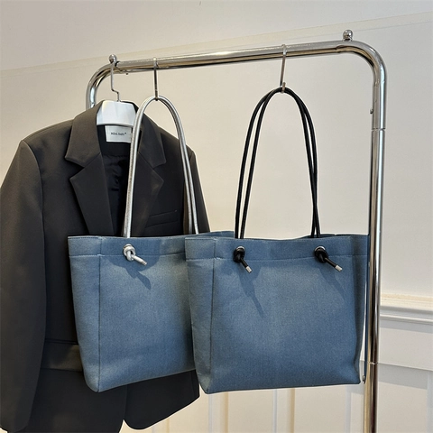 Große Kapazität Denim Canvas Tote Bag Mit Seilgriffen Knotendetail Magnetverschluss Für Frauen Täglich Pendeln Vintage Street