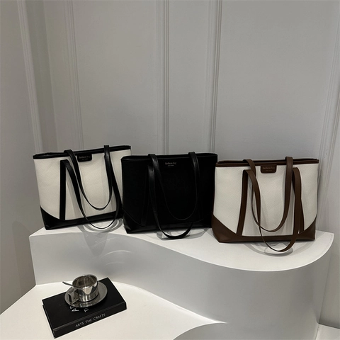 Bolso Tote De Gran Capacidad Cuero PU Textura Litchi Color En Contraste Cremallera Bolso De Hombro Minimalista Para Mujer