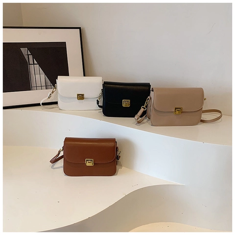 Vintage PU Leather Crossbody Bag For Women Luxury Metal Lock Square Shoulder Bag Casual Solid Color Trendy Fashion Handbag