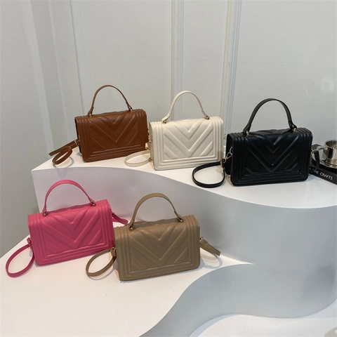 Women PU Leather Shoulder Bag V-Shaped Chevron Quilting Crossbody Handbag Retro Solid Color Simple Square Stylish