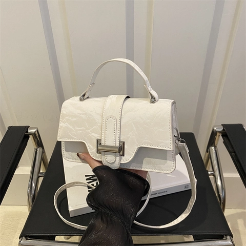 Retro Crinkled PU Leather Crossbody Bag For Women Chic Handheld Square Shoulder Bag With Metal Buckle Fashion Daily
