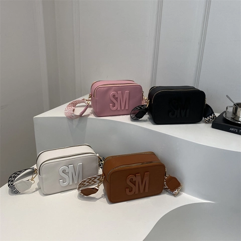 Stylish Women Crossbody Camera Bag PU Leather Wide Patterned Fabric Strap Letter Embossed Small Square Bag