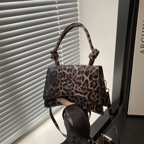 Borsa a Tracolla in Pelle PU con Stampa Leopardata Vintage da Donna con Manico a Nodo Borsa Sottobraccio alla Moda per Festa