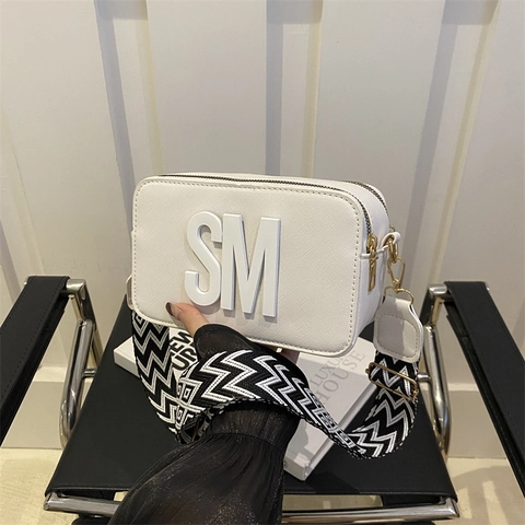 Stylish Women Crossbody Camera Bag PU Leather Wide Patterned Fabric Strap Letter Embossed Small Square Bag