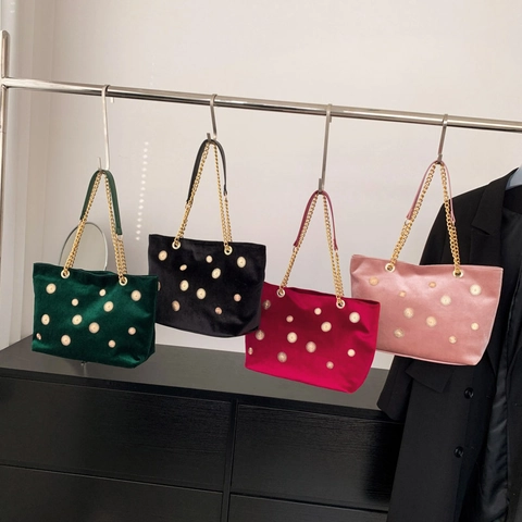Borsa Tote In Velluto Per Donna Borsa A Tracolla Con Catena Dorata E Borchie A Sole In Metallo Grande Capacità Vintage