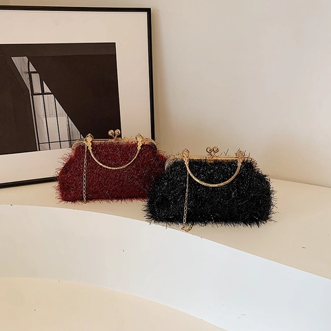 Sac À Main De Soirée Vintage Femmes Pochette Forme Coquille Peluche Paillettes Fermoir Kiss Lock Poignée Anneau Métal Chaîne