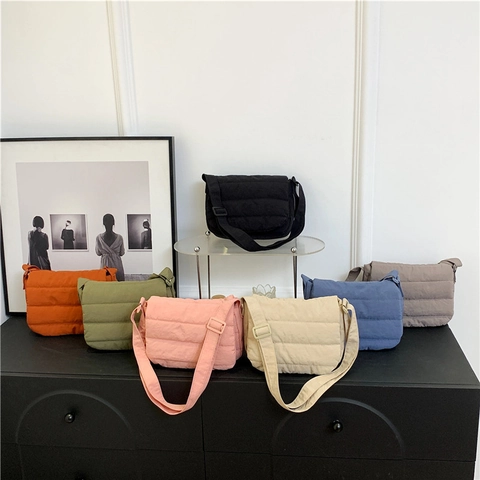 Quilted Crossbody Bag Padded Fabric Lightweight Adjustable Strap Solid Color Simple Modern Casual For Women