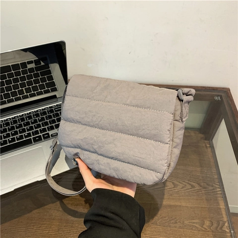 Quilted Crossbody Bag Padded Fabric Lightweight Adjustable Strap Solid Color Simple Modern Casual For Women