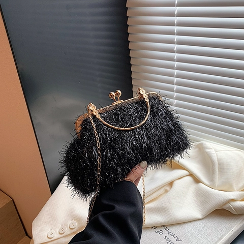 Sac À Main De Soirée Vintage Femmes Pochette Forme Coquille Peluche Paillettes Fermoir Kiss Lock Poignée Anneau Métal Chaîne