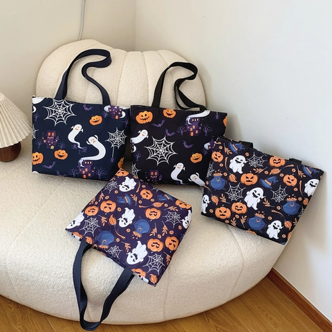 Bolso De Lona De Halloween Con Estampado De Calabaza Fantasma Gran Capacidad Bolso De Hombro Para Mujer Fiesta Regalo