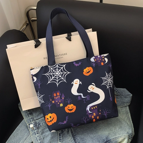 Bolso De Lona De Halloween Con Estampado De Calabaza Fantasma Gran Capacidad Bolso De Hombro Para Mujer Fiesta Regalo