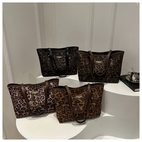 Borsa Tote da Donna a Grande Capacità con Stampa Leopardata in Tela e Pelle con Cuciture Borsa a Tracolla Casual Autunno Inverno