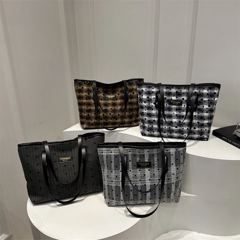 Damen Große Kapazität Tote Bag Kariert Herz Druck Bogen Dekor Leinwand Stoff Pendler Schultertasche