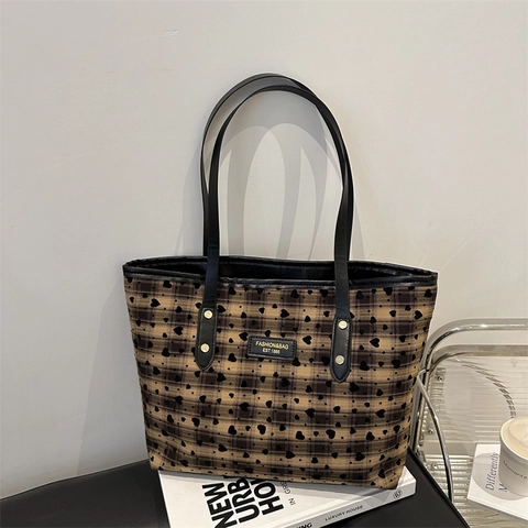Damen Große Kapazität Tote Bag Kariert Herz Druck Bogen Dekor Leinwand Stoff Pendler Schultertasche