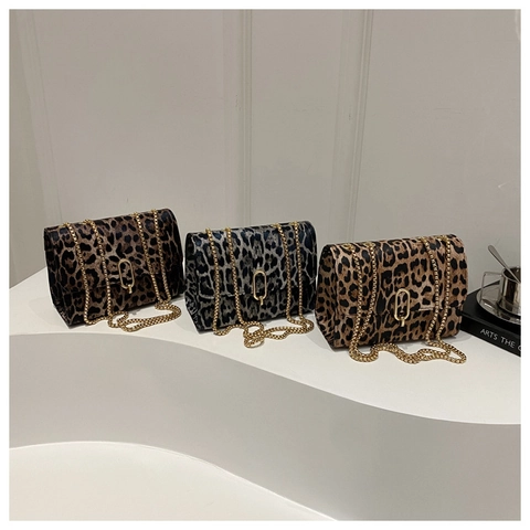 Damen Vintage Leopardenmuster Umhängetasche Mode PU Leder Kleine Eckige Tasche Mit Goldkette Schulterhandtasche