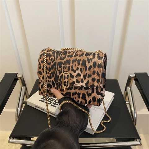 Women Leopard Print Shoulder Bag PU Leather Golden Metal Chain Strap Square Crossbody Purse Flap Lock Fashion Casual
