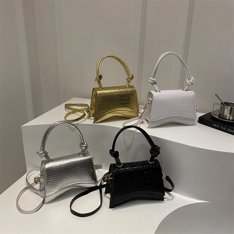 Petit Sac Carré Motif Crocodile Tendance Française Femmes Style Hourglass Fond Incurvé Sac à Épaule Bandoulière Poignée Nœud