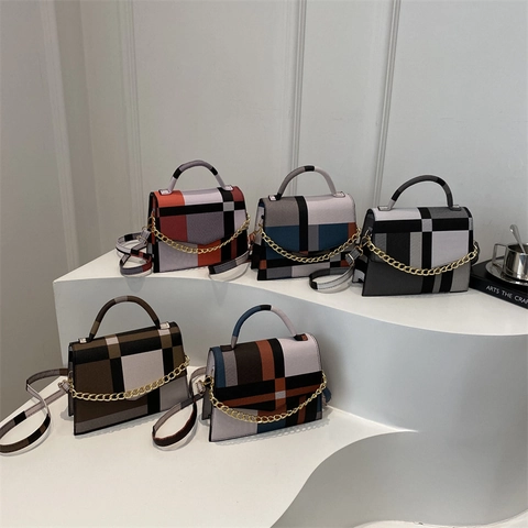 Borsa Quadrata Piccola Da Donna Moda Blocchi Di Colore Geometrici Quadri Pelle PU Borsa A Tracolla Con Catena Metallica