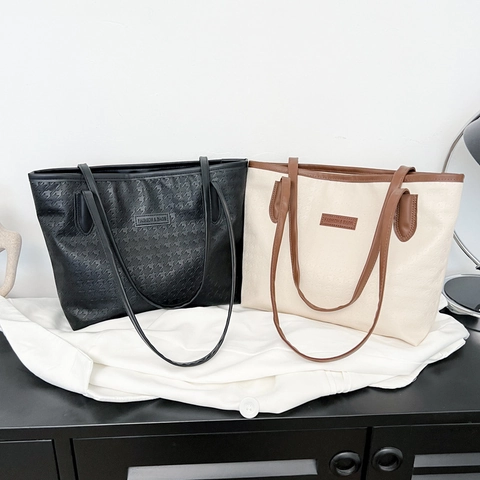 Women Tote Bag PU Leather Houndstooth Embossed Large Capacity Shoulder Handbag Contrast Color Fashion Commute