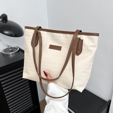 Women Tote Bag PU Leather Houndstooth Embossed Large Capacity Shoulder Handbag Contrast Color Fashion Commute